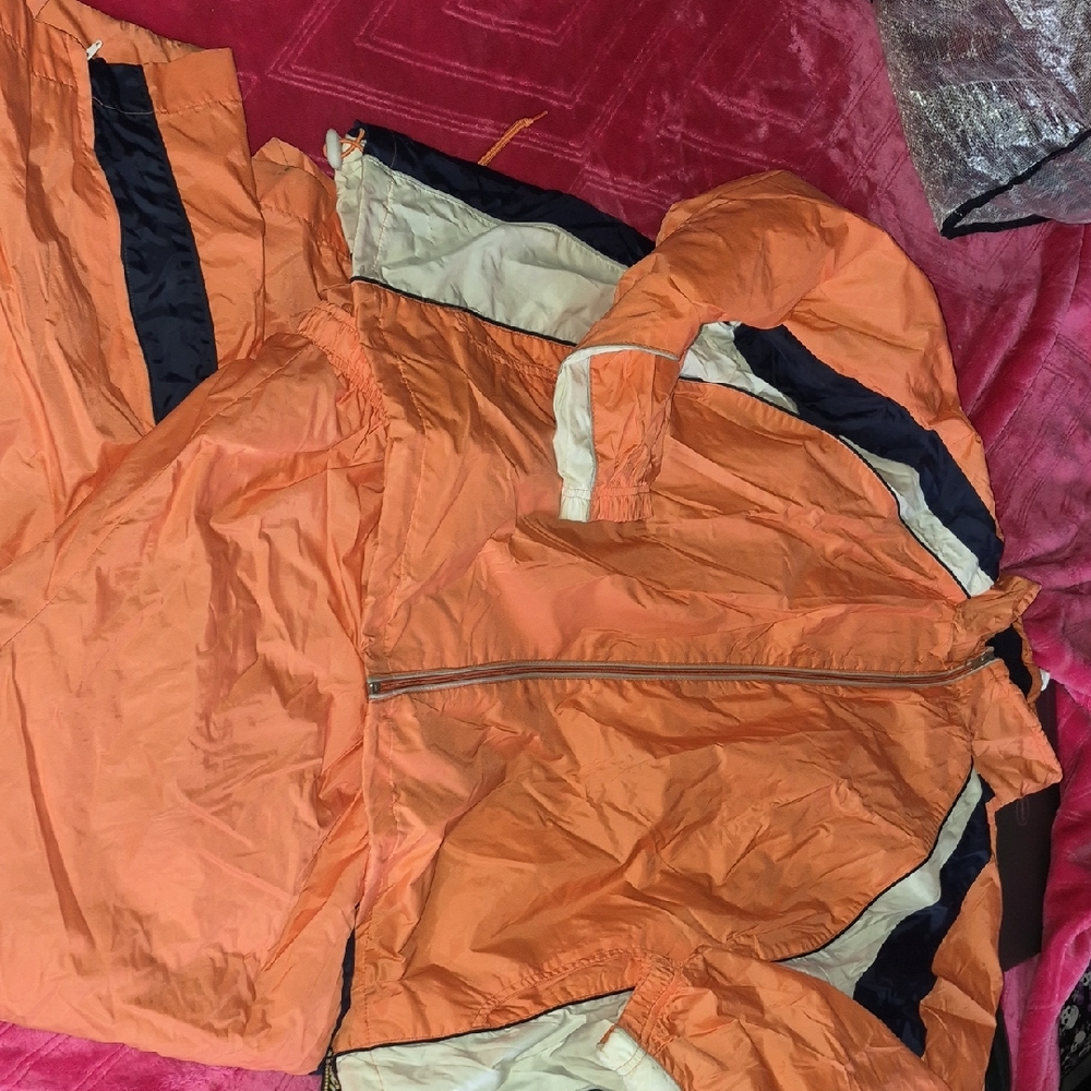 Windbreaker suite jacket and pants, orange, blue, white